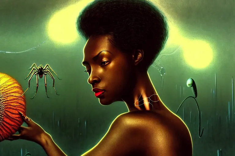 Image similar to realistic detailed photorealistic film closeup portrait shot of a beautiful black woman with a giant spider, sci fi city landscape background by denis villeneuve, amano, yves tanguy, alphonse mucha, ernst haeckel, david lynch, edward robert hughes, roger dean, cyber necklace, dynamic pose, rich moody colours, wide angle