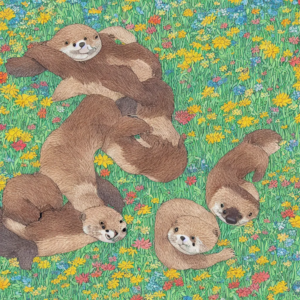 Image similar to a color manga illustration of an otter and a sloth lying in a field of wildflowers and eating sushi. the view is top down. his mood is one of delicious bliss. the image is illustrated in high colorful detail by masashi kishimoto and is very very very detailed.