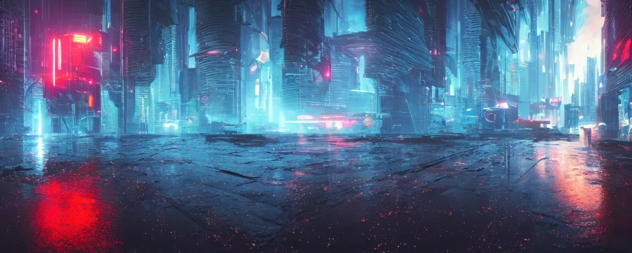 Prompt: cyberpunk landscape, vivid, volumetric lighting, lightning, thunder, storm, portal, puddles, mystical