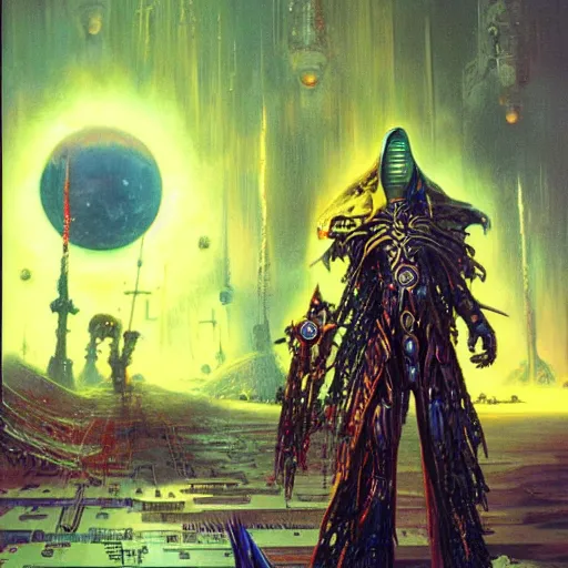 Image similar to sci - fi necromancer, art by bruce pennington