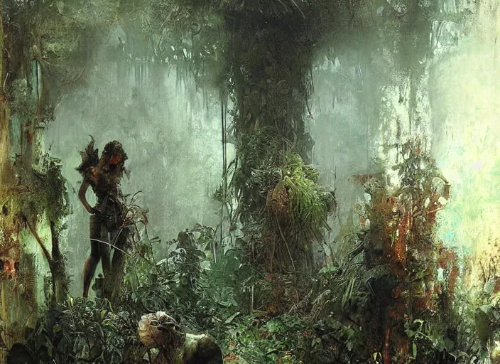 Image similar to interior shot of a lush jungle with two steam punk explorers navigating the harsh terrain, masterpiece, painterly, art by artem demura, emotion,