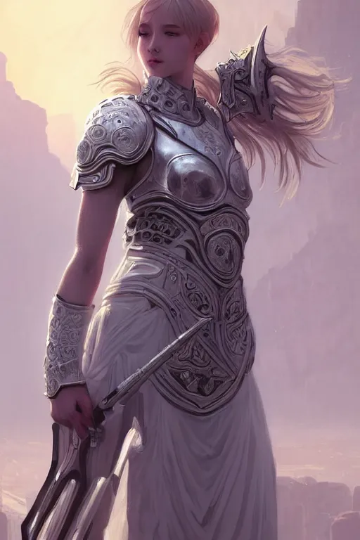 Image similar to portrait young knights of Zodiac girl, matt white color armor, in ruined Agora of Athens Sunrise, ssci-fi and fantasy, intricate and very beautiful and elegant, highly detailed, digital painting, artstation, concept art, smooth and sharp focus, illustration, art by tian zi and WLOP and alphonse mucha