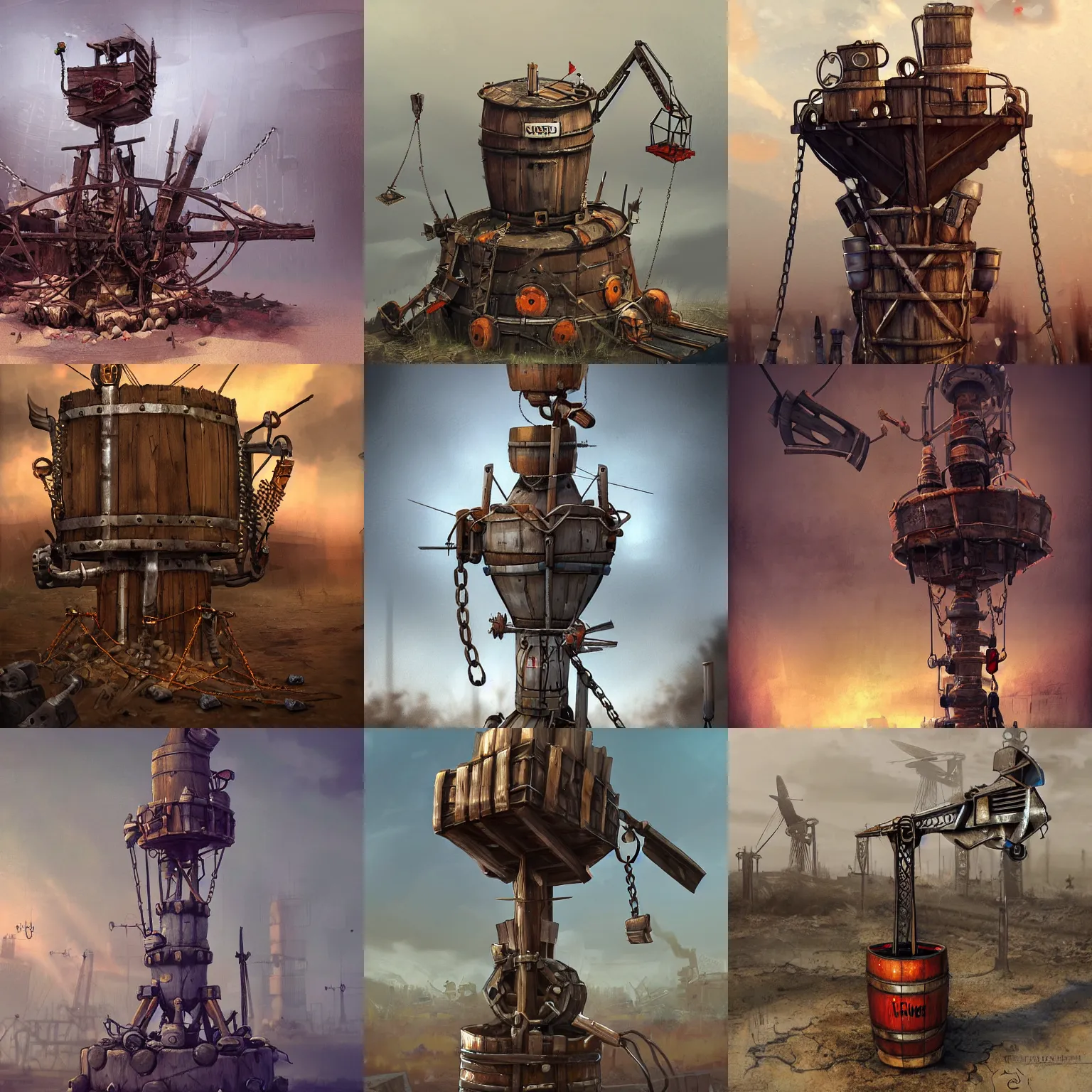 Prompt: post apocalyptic barrel spike tower with propellers, cranes, chains, highly detailed, digital painting, artstation, concept art