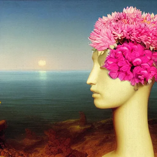 Prompt: a surreal vaporwave painting by Thomas Cole of an old pink mannequin head with flowers growing out, sinking underwater, highly detailed