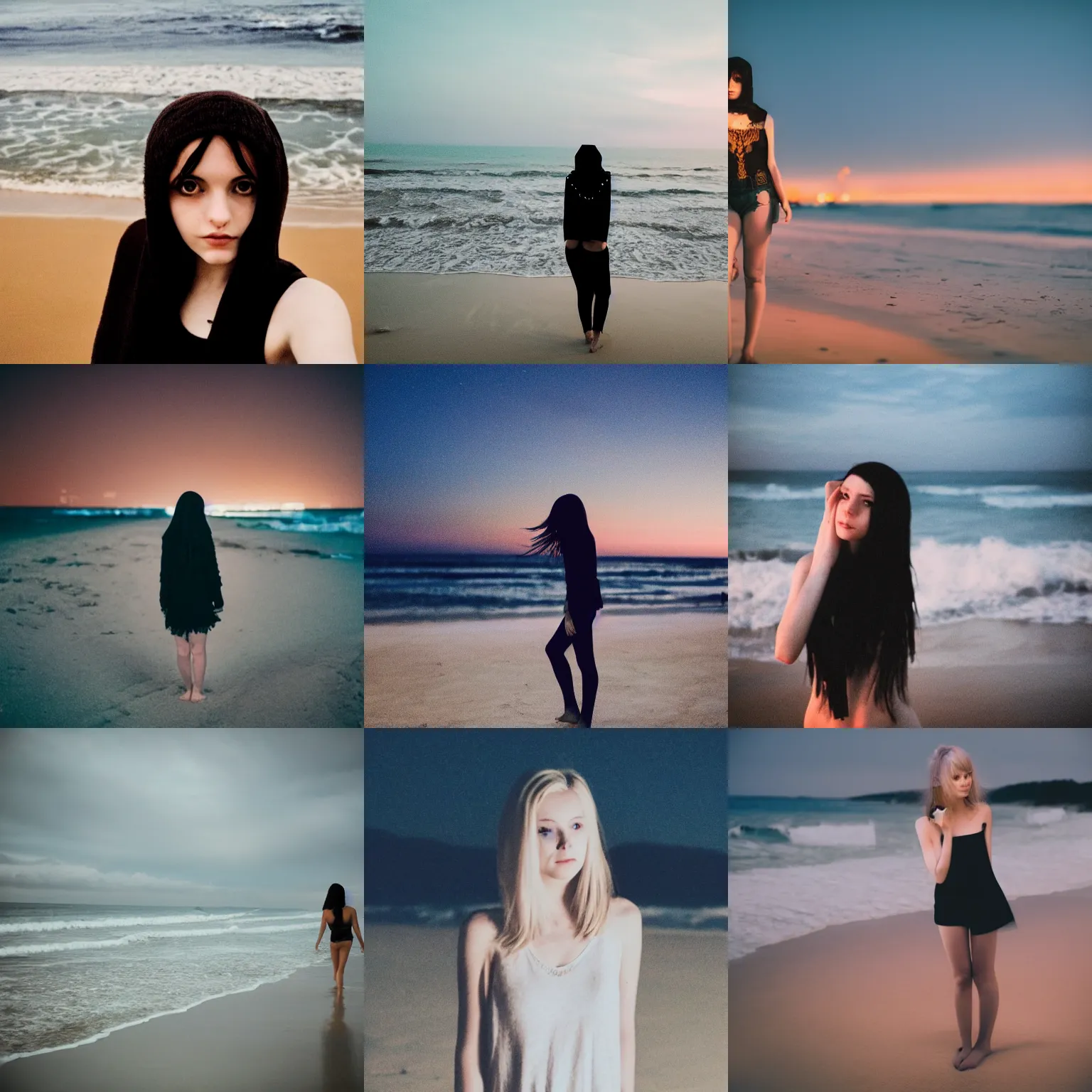Prompt: pale emo girl on the beach at night