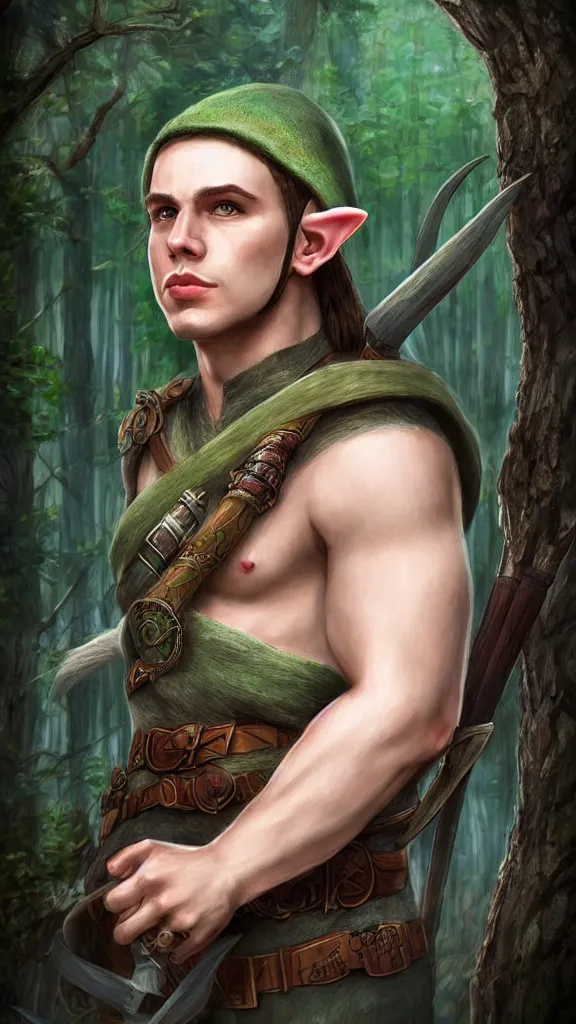 Image similar to beautiful strong male elf archer portrait, magical forest background, trending on artstation, award - winning