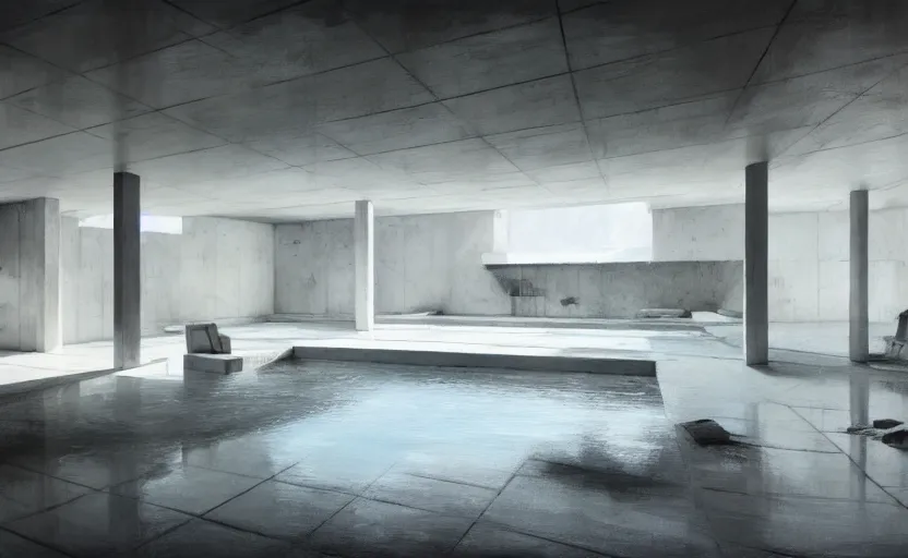 Image similar to painting of interior shot of a white concerete brutalist house with big pools by darek zabrocki and greg ruthkowski, cinematic and cold atmospheric, archillect concept art, artstation, trending on artstation