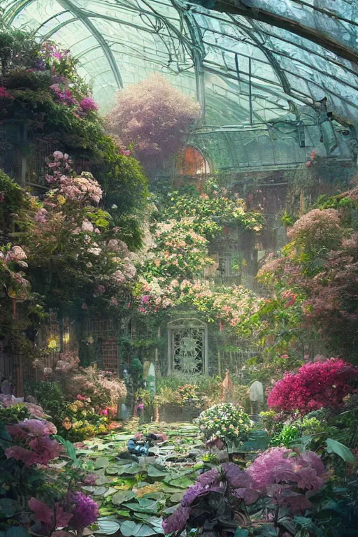 Prompt: a beautifull intricate greenhouse with many flowers, intricate detailed color smashing fluid oilpaint, 3 d render, hyper realistic detailed portrait, color leaves, ruan jia, wlop. scifi, fantasy, hyper detailed, octane render, concept art, by peter mohrbacher, by wlop, by ruan jia