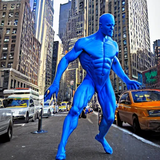 Prompt: “New Photograph of a Dr. Manhattan stomping through New York City. Associated Press photograph.”