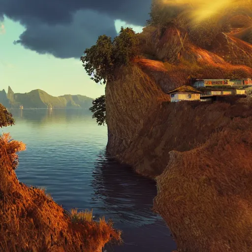 Prompt: a fishing village in a lake with cliffs covered with clouds, golden hour colors and light, epic perspective, wide angle lens, insane graphics unreal engine
