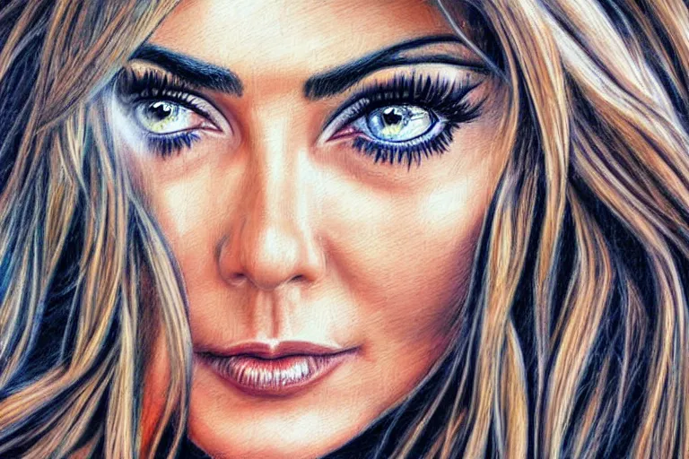 Prompt: bored look in her eyes Aracely Arambula close-up portrait looking straight on, complex artistic color pencil sketch illustration, full detail, gentle shadowing, fully immersive reflections and particle effects, chromatic aberration.