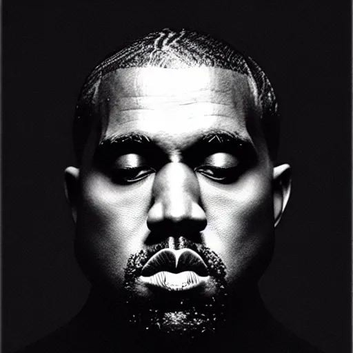 Prompt: a ( ( ( ( ( ( ( ( ( chiaroscuro lighting portrait ) ) ) ) ) ) ) ) ) ) of kanye west ( ( ( ( ( ( dressed as rick owens ) ) ) ) ) ), black background, portrait by julia margaret cameron, shallow depth of field, 8 0 mm, f 1. 8