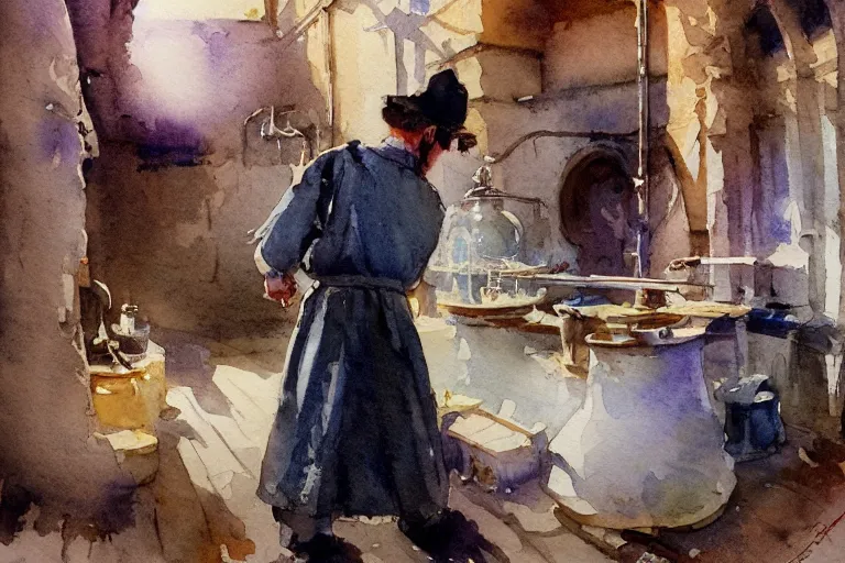 Prompt: small centered on watercolor paper, paint brush strokes, abstract watercolor painting of medieval glassblower with apron, kiln, glow, cinematic light, national romanticism by hans dahl, by jesper ejsing, by anders zorn, by greg rutkowski, by greg manchess, by tyler edlin