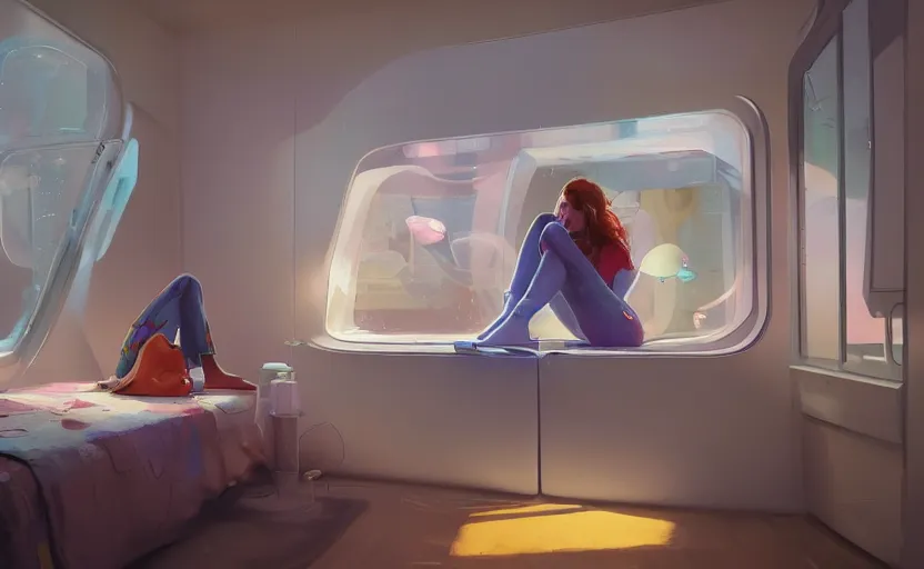 Image similar to a teen girl sitting in a stylish bedroom interior, futuristic plastic capsule apartment, small kitchen, reflective floor painting by Craig Mullins, octane rendering, soft lighting, wide angle lens, in the style of Pixar animation, trending on artstation,