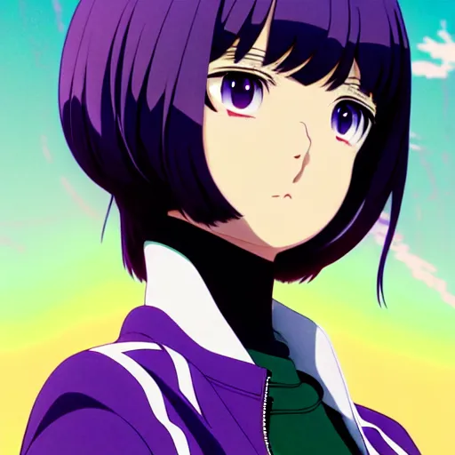 Image similar to anime poster film still portrait, black black black woman, purple colored eyes, purple colored eyes, white french bob, green colored bomber jacket, detailed facial features, dynamic pose, cute face by ilya kuvshinov, yoh yoshinari, makoto shinkai, rimlight, cel shaded, 4 k