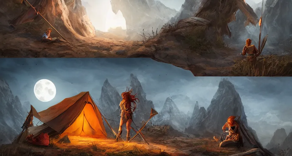 Image similar to an epic fantasy adventurer's camp with a hide tent at night with a full moon, a single adventurer with red hair playing an instument, 4 k, extremely detailed. award winning, trending on artstation, 8 k, ultra wide angle