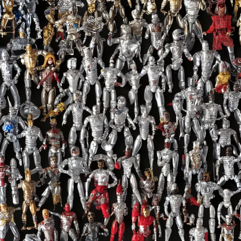 Image similar to a photograph of my collection of action figures of futuristic cyborg tin man from the wiz the movie, happy singing & dancing, 4 k, highly detailed, award winning, look at all that detail!