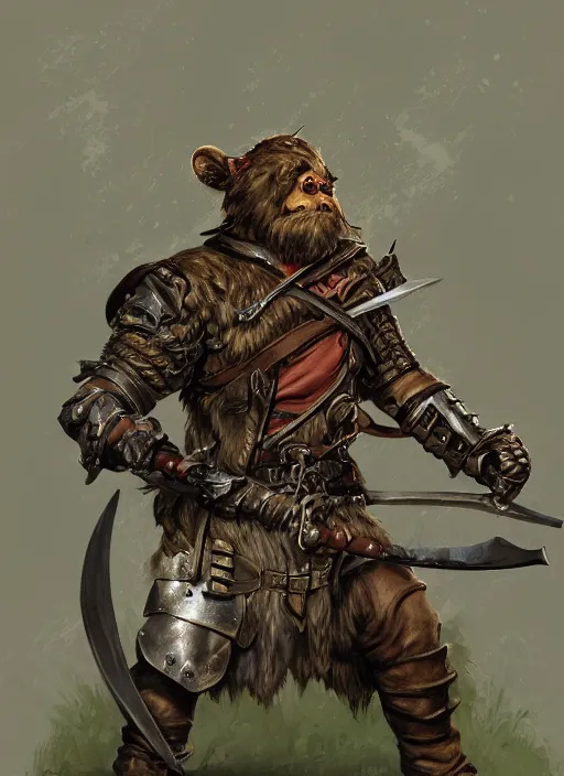 Image similar to strong young man, photorealistic bugbear ranger holding sword, fire magic, black beard, dungeons and dragons, pathfinder, roleplaying game art, hunters gear, jeweled ornate leather and steel armour, concept art, character design on white background, by norman rockwell, makoto shinkai, kim jung giu, artstation trending, poster art, colours red and green