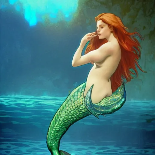 Image similar to a mermaid with a beautiful fin swimming underwater, cinematic lighting, soft bokeh, fantasy, modern, colourful, highly detailed, digital painting, artstation, deviantart, concept art, sharp focus, illustration, alphonse mucha, edward hopper