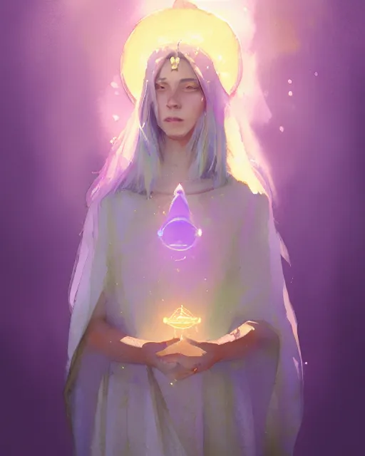 Prompt: pastel watercolor portrait of a lavender priestess, artgerm, artstation, radiant halo of light, gilding, ismail inceoglu