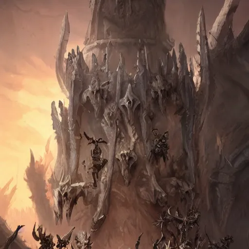 Image similar to a demon wall towers made of bones, bone walls, bones on the walls, violet battlefield theme, dark art masterpiece artstation. 8 k, sharp high quality artwork in style of jose daniel cabrera pena and greg rutkowski, concept art by tooth wu, blizzard warcraft artwork, hearthstone card game artwork, wall made of bones