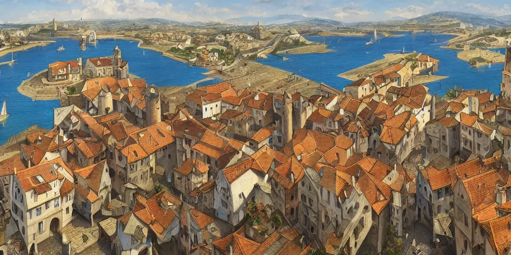 Prompt: medieval port town landscape as seen from above, no people, pokemon sword and sheild, bright future, social realism, highly detailed, digital painting, artstation, concept art, matte, sharp focus, illustration, art by artgerm and greg rutkowski and alphonse mucha