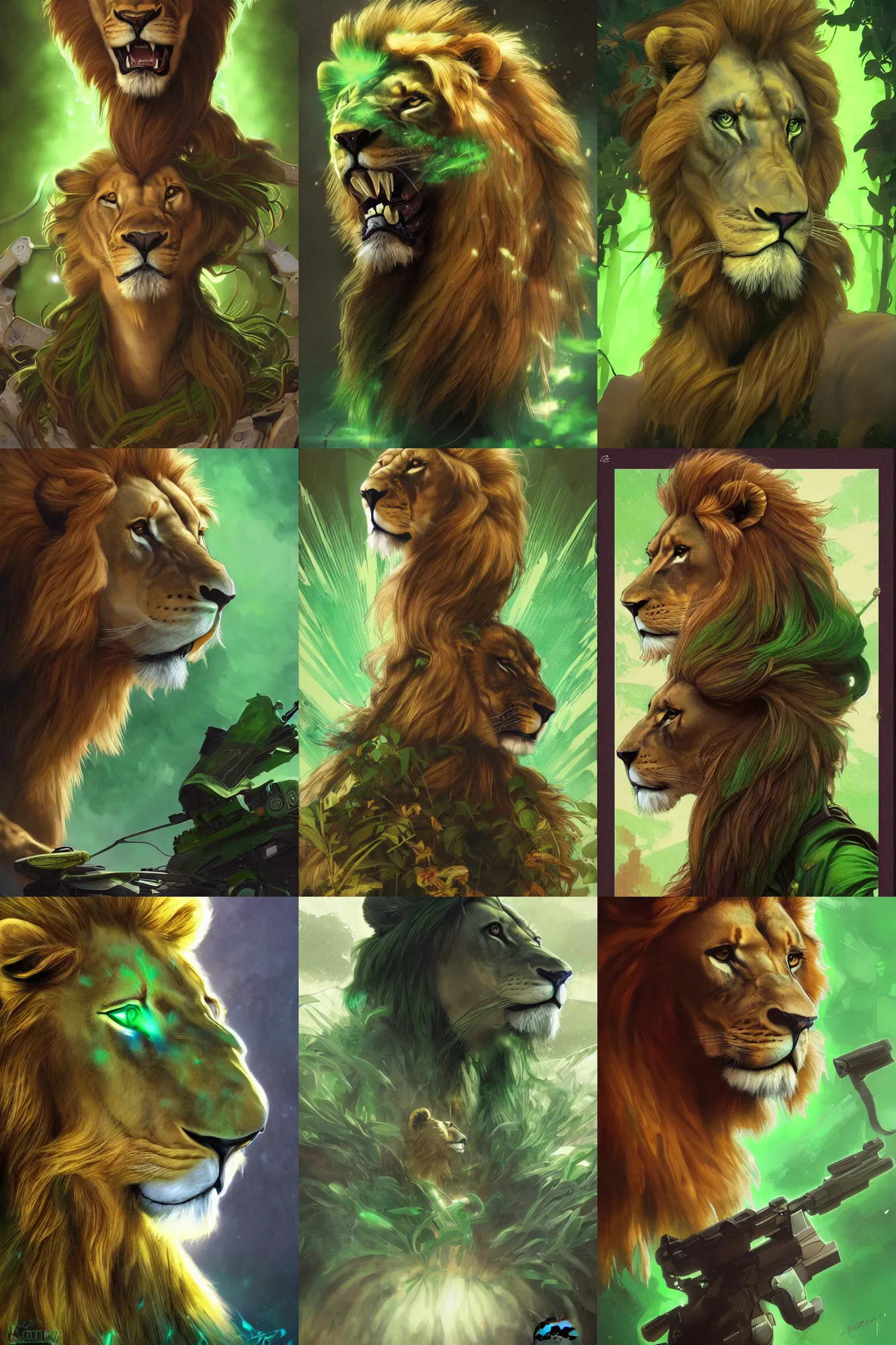 Prompt: ultra realistic long shot illustration, long shot fantasy lion's bust against a green back for chroma key by artgerm and greg rutkowski and alphonse mucha, medium shot, long shot, constant green background, trending on artstation