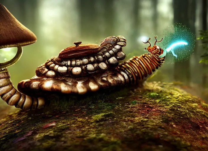 Image similar to intricate mechanical caterpillar sitting on top of a mushroom in a magical forest. Very detailed 8k. Fantasy cyberpunk horror. Sharp. Cinematic post-processing