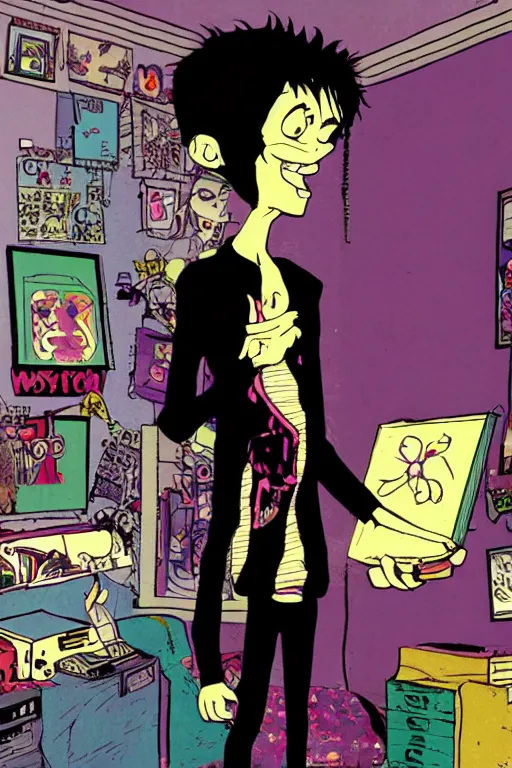 Image similar to a skinny goth guy standing in a cluttered 9 0 s bedroom by jamie hewlett, jamie hewlett art, full body character concept art, vaporwave colors,