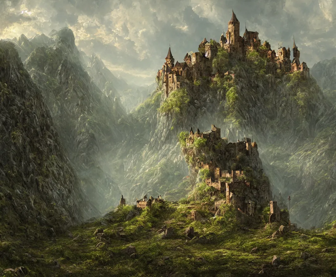 Prompt: A vast verdant empty valley surrounded by Transylvanian mountains. A medieval castle in ruins on the mountainside. Accurate details, dramatic lighting, golden hour, stormy weather, intricate, highly detailed, digital painting, artstation, concept art, sharp focus, illustration, art by Gustave Dore, octane render