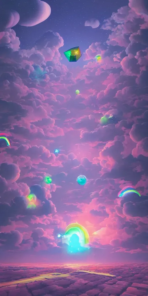 Image similar to vaporwave, beeple, surreal vfx, global illumination, a painting by ralph mcquarrie of floating molecules and icosahedron with stars, clouds, and rainbows in the background, trending on artstation, masterpiece, incredible details