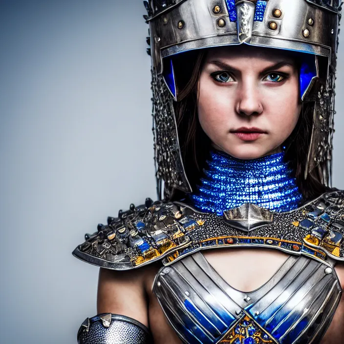 Prompt: photo of a cute warrior queen wearing sapphire encrusted armour, highly detailed, 4 k, hdr, smooth, sharp focus, high resolution, award - winning photo