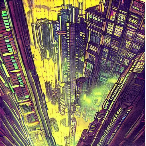 Prompt: skyships cyberpunk surreal upside down city neon lights moebius