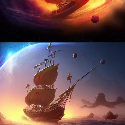 Prompt: pirate ship sailing through space with distant planets visible in the background, trending on artstation, ultra fine detailed, hyper detailed, hd, concept art, digital painting