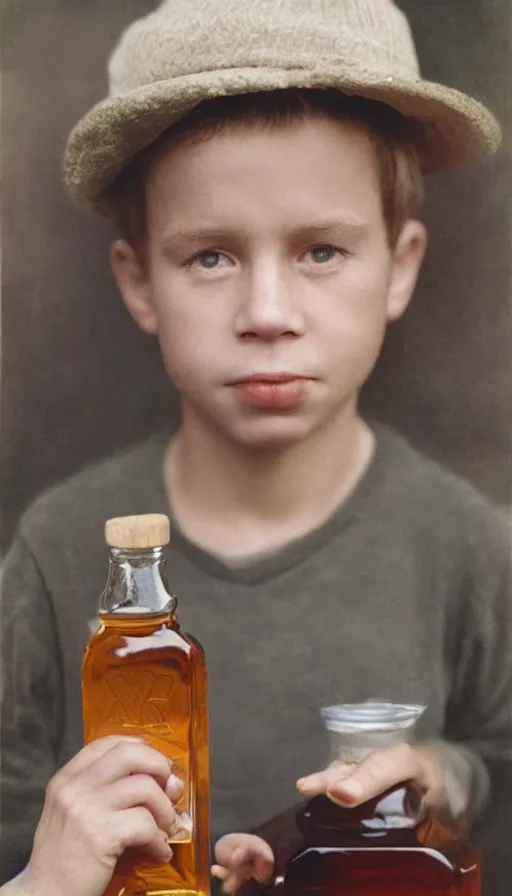 Image similar to a realistic portrait of a boy from canada drinking a whole bottle of maple syrup, annie leibovitz, highly detailed