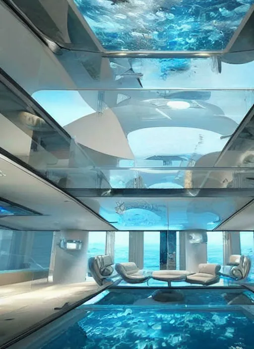 Image similar to a futuristic sci - fi underwater home with mirrored walls, dreamatic lighting