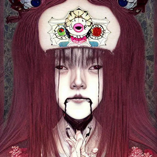 Prompt: A beautiful detailed aesthetic horror portrait painting titled 'Face of sadness' description 'Order of the occult princess' by Takashi Murakami and Takato Yamamoto, Trending on cgsociety artstation, cinematic lighting, 8k, masterpiece.