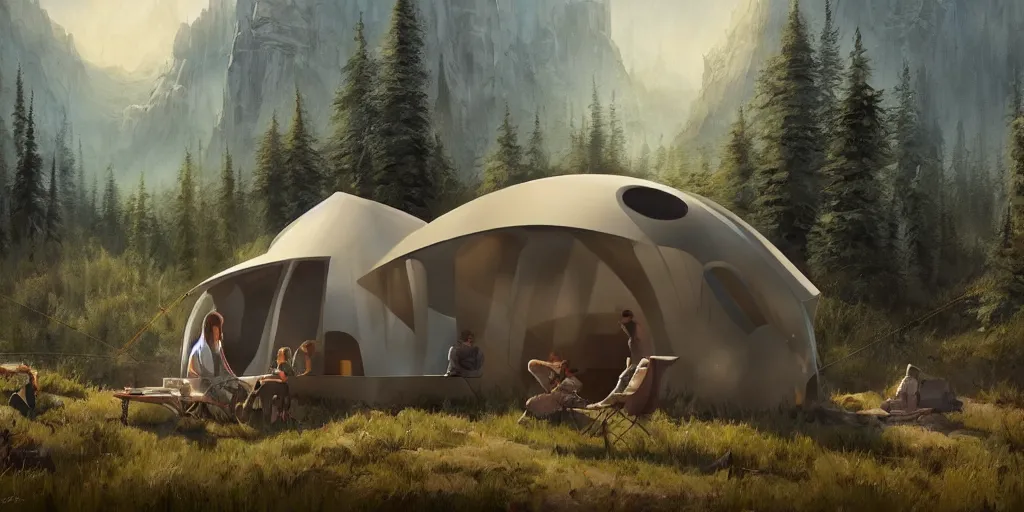 Image similar to cabela's tent futuristic pop up family pod, cabin, modular, person in foreground, mountainous forested wilderness open fields, beautiful views, painterly concept art, joanna gaines, environmental concept art, farmhouse, magnolia, concept art illustration by ross tran, by james gurney, by craig mullins, by greg rutkowski trending on artstation