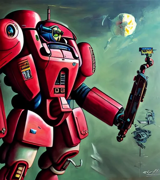 Image similar to scifi painting of zaku custom mobile suit by dariusz zawadzki, kenneth blom, mental alchemy, james jean, pablo amaringo, naudline pierre, contemporary art