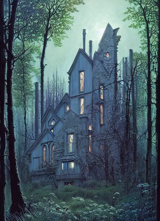 Image similar to hyper realistic witchy modern gothic house with mood lighting and tech in the woods gorgeous lighting, sunbeams blue sky, highly detailed, lush forest foliage painting by zdzisław beksinski and norman rockwell and greg rutkowski weta studio, and lucasfilm