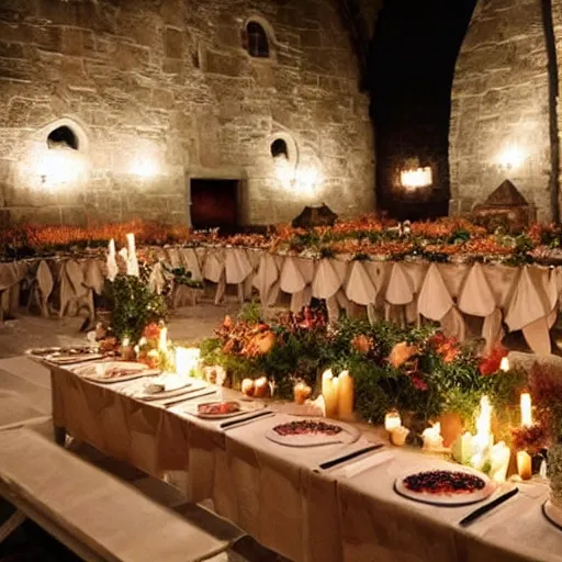 Prompt: feast for hundreds of people. candles, warm ambient light, hogwarts, beautiful, stone walls, hot food, delicious, steaming food on plates, gluttony