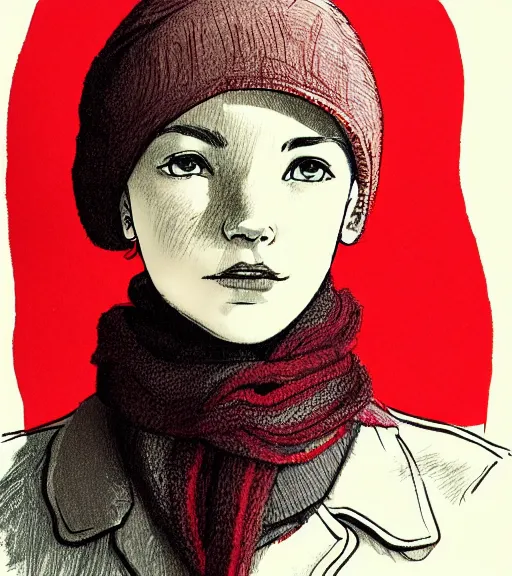 Prompt: medium shot portrait of friendly girl 8 - year wearing winter clothing and scarf, red tones, detailed drawing by awardwinning artist, smooth and sharp black outlines, flat inked colors, scratched shadow, moebius, jean giraud, frank miller