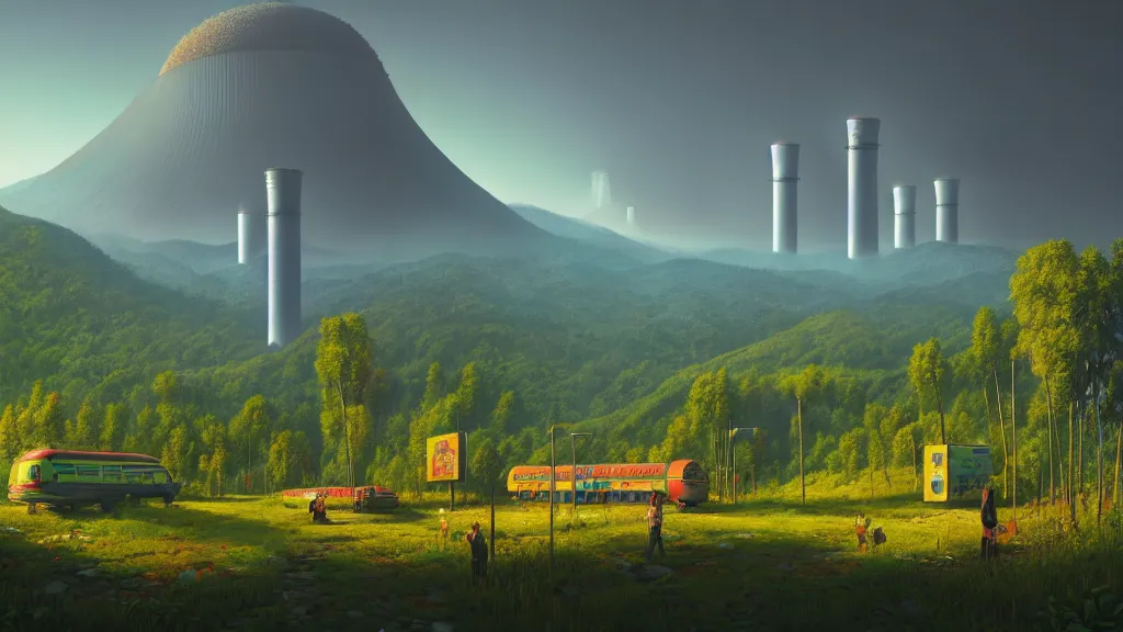 Prompt: Nuclear Nature Solarpunk harmony; the mountains and city of Quito are towered over by giant nuclear power plants covered with foliage; by Simon Stålenhag, oil on canvas; Art Direction by James Cameron; 4K, 8K; Ultra-Realistic Depth Shading