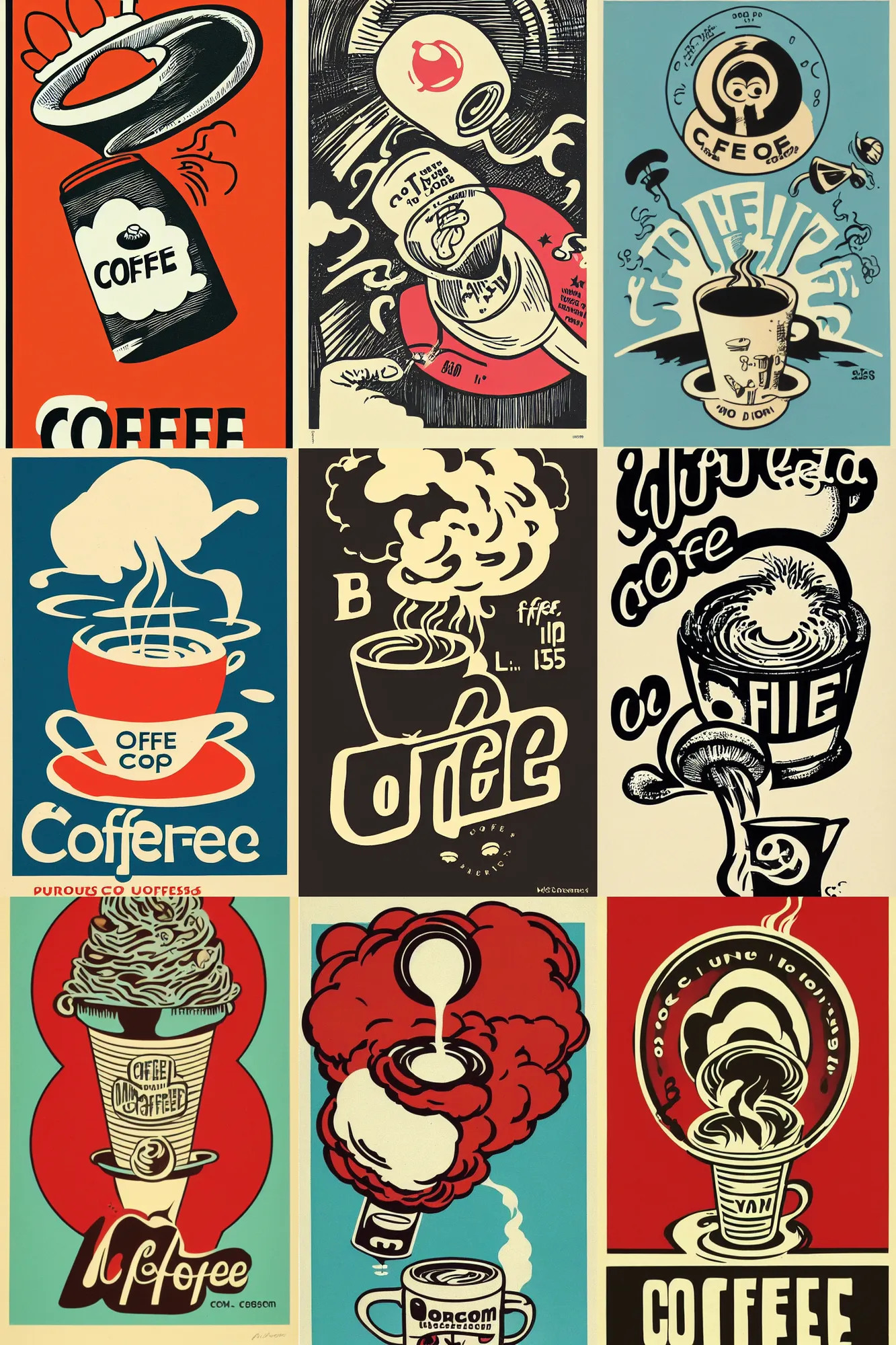 Prompt: coffee logo, featuring a mushroom cloud coming out of a cup, by mcbess, full colour print, vintage colours, 1950s