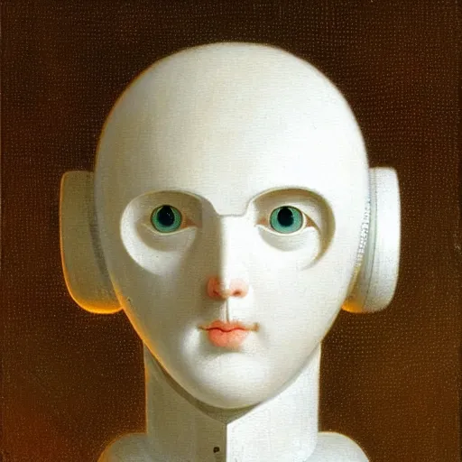 Prompt: a painting by thomas cole of a 3 d white robot head made of millions of tiny white spheres, highly detailed, plain white background