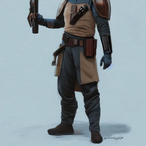 Image similar to a young blonde male jedi with short hair standing still, over the shoulder shot, ots shot, third-person shot, full-length, head-to-toe, full body photography, extremely long shot, long shot, concept art by Doug Chiang cinematic, realistic painting, high definition, concept art, the Mandalorian concept art style