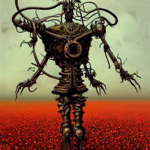 Prompt: a hyperrealistic painting of a steampunk demon in a feild of poppies, by john kenn mortensen and zdzislaw beksinski, highly detailed, vivid color,