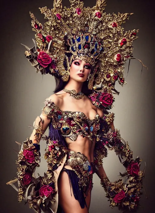 Image similar to expressive full body photo of a miss universe in creative costume, ornate headpiece made from flowers, ornaments, glamour shot by stefan gesell, photorealistic, canon r 3, fashion photography, hyper maximalist, sharp focus, ornate, elegant, luxury and elite, environmental portrait, symmetrical features, octane render, unreal engine, solid dark grey background, dramatic lights