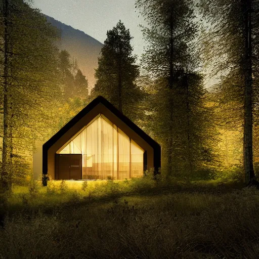 Image similar to solarpunk chapel from the outside in nature, forest and mountains, beautiful lighting, photorealistic, detailed