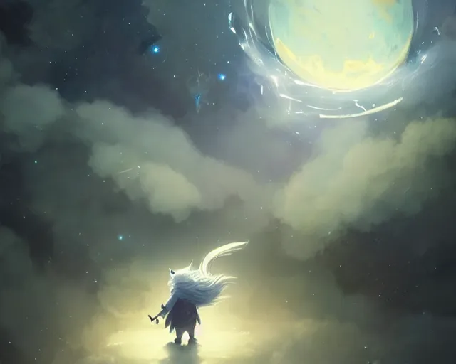 Image similar to one cartoonish kitty dressed as Gandalf floating alone in space, bright stars, anime, a fantasy digital painting by Greg Rutkowski and James Gurney, trending on Artstation, highly detailed